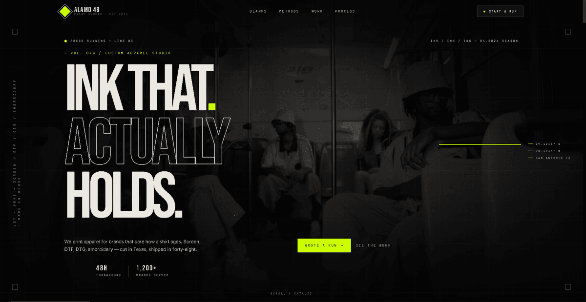 Streetwear print shop example — dark editorial hero with featured tee product card