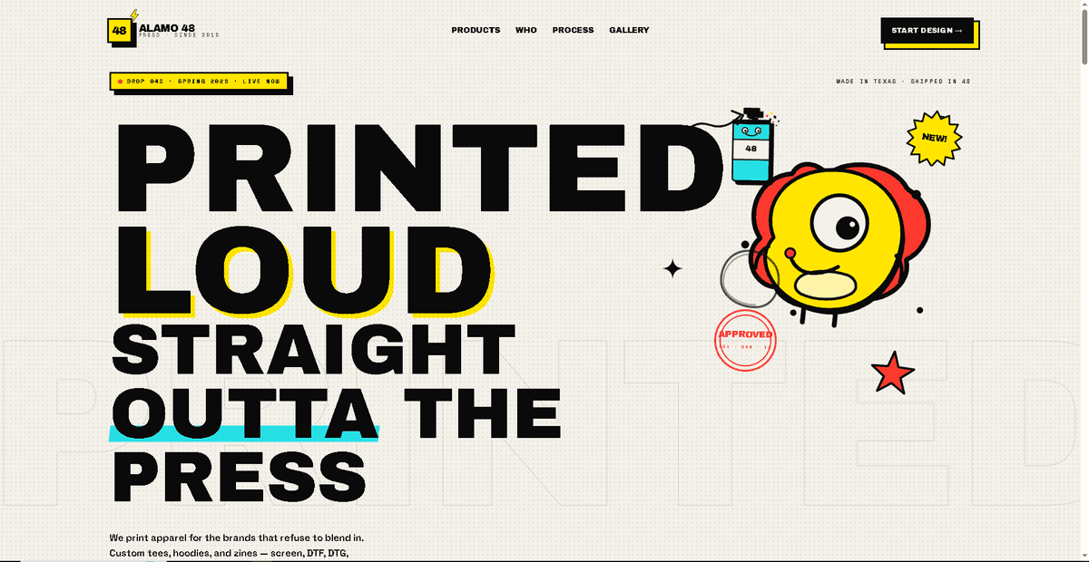 Modern print studio example — bold black typography on cream with illustrated mascot
