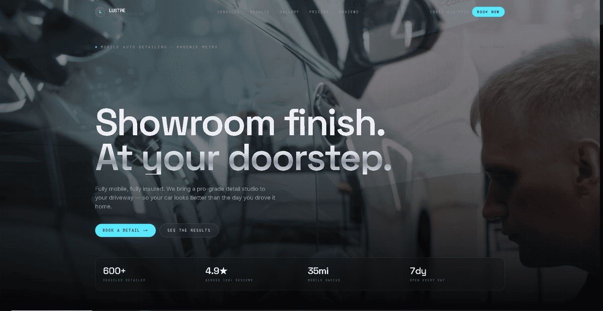 Precision auto detail example — cinematic hero photography with booking CTA and service stats