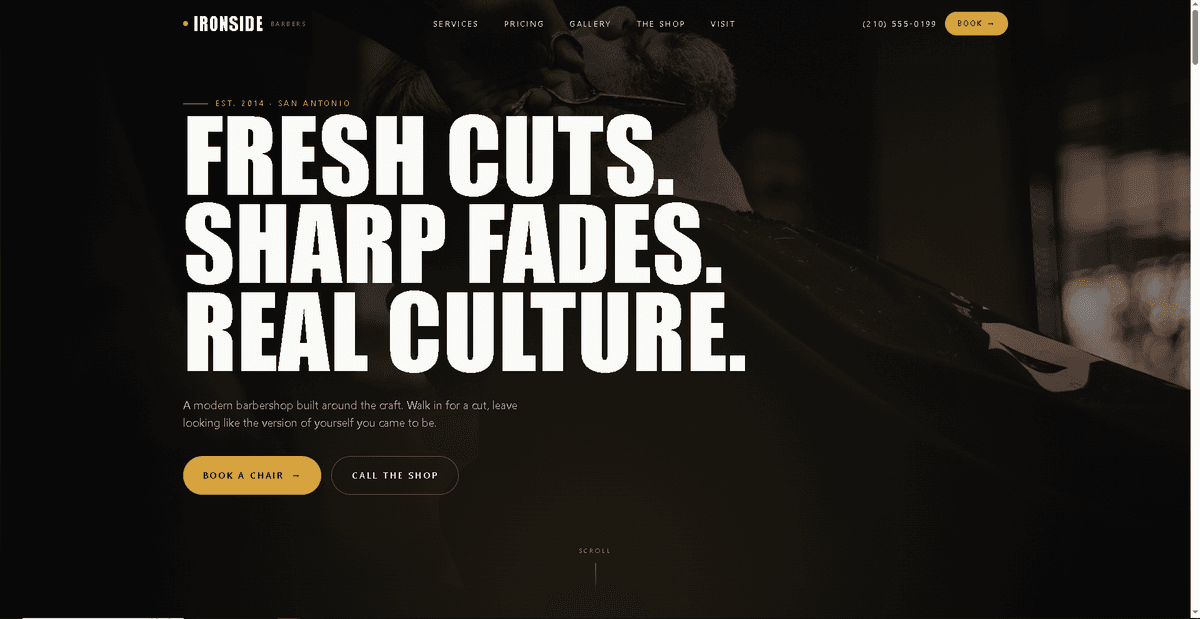 Signature barber lounge example — moody editorial hero with booking and shop CTAs
